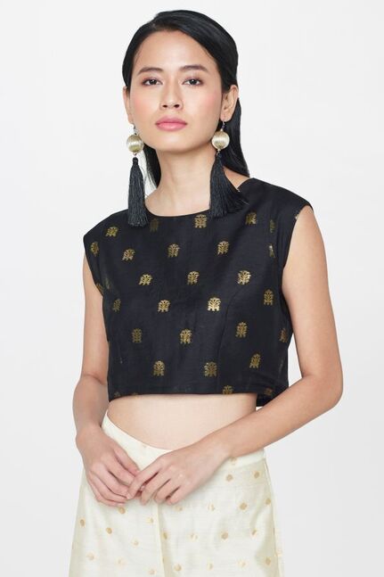 sleeveless black floral crop top for women | globaldesi.in