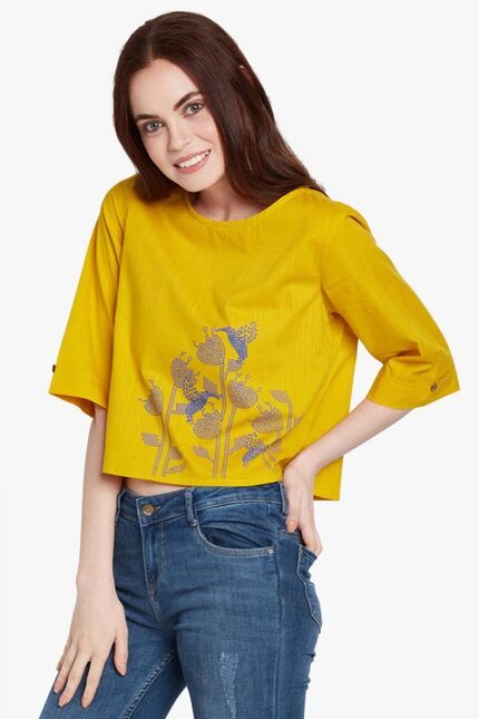 mustard embroidered crop top with elbow length sleeves | globaldesi.in