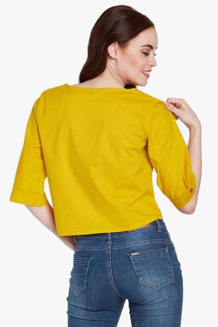 mustard embroidered crop top with elbow length sleeves 2 | globaldesi.in